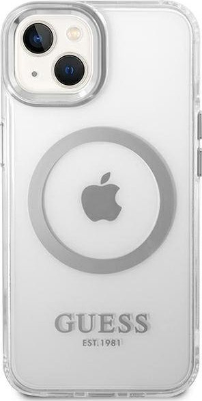 Mbulesë telefoni Guess Metal Outline MagSafe për iPhone 14 6.1", hardcase, argjendi