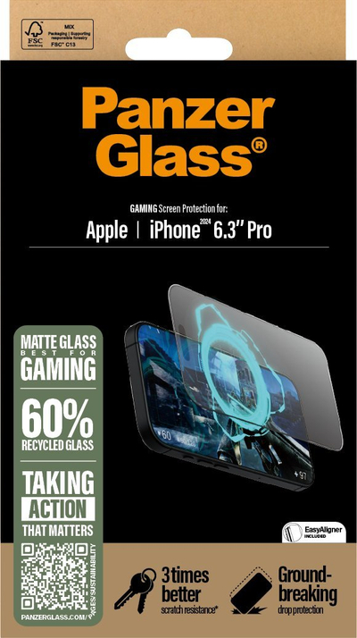 Mbrojtës ekrani PanzerGlass Gaming për iPhone 16 Pro, Ultra-Wide Fit, transparent