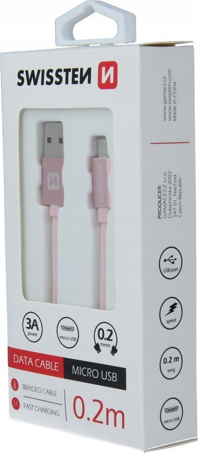 Kabllo USB Swissten Textile, USB në Micro USB, 0.2m, 3A, e zezë