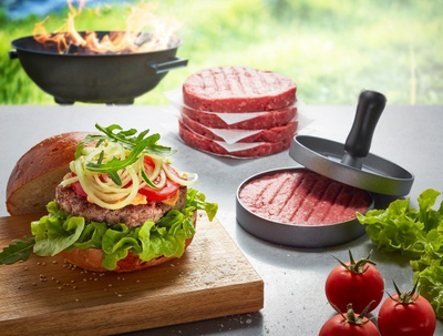 Shtypëse hamburgerësh Gefu BBQ, alumini, dorezë plastike, gri
