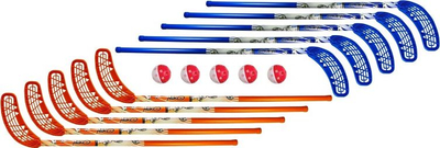 Set floorballi Unihoc Hiko, 10 shkopinj 87cm, me topa, portokalli dhe blu