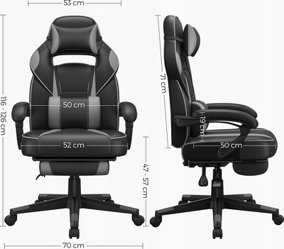 Karrige gaming rrotulluese Songmics, me mbajtëse këmbësh, jastëkë ergonomikë, e zezë me gri