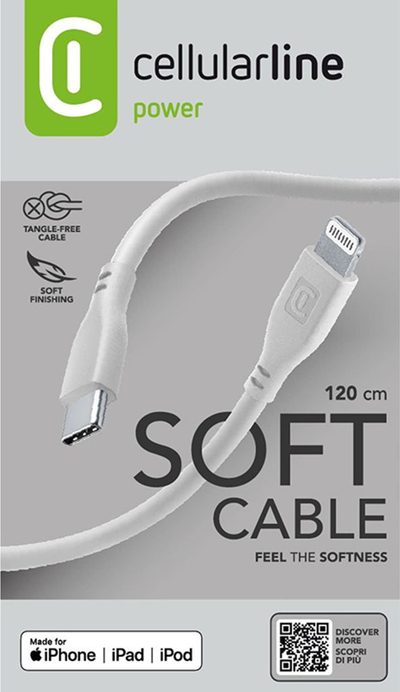 Kabllo USB C në Lightning Cellularline Soft Cable, 1.2m, MFi, gri