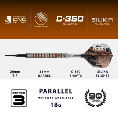 Shigjeta darts Luke Woodhouse Series 3, soft tip, 18g, argjendt me bakër
