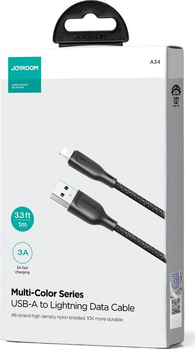 Kabllo karikimi Joyroom Multi Color Series SA34 AL3, USB A në Lightning, 3A, 1m, ngjyrë e zezë