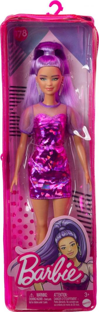 Kukull Barbie Fashionistas Petite, flokë të gjatë lejla, fustan lejla metalik