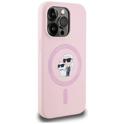 Заштитна маска за телефон Karl Lagerfeld Karl and Choupette MagSafe, за iPhone 14 Pro Max, мазен силикон, розова