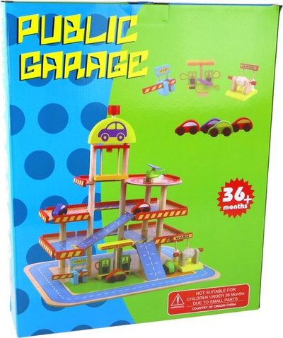 Lodër garazh druri Public Garage, me disa kate, me makina dhe helikopter, shumëngjyrësh