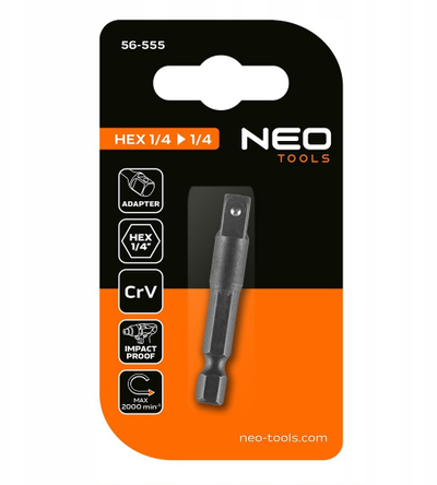 Adapter NEO Tools 56-555, 1/4" HEX në 1/4" square, 50mm, i zi