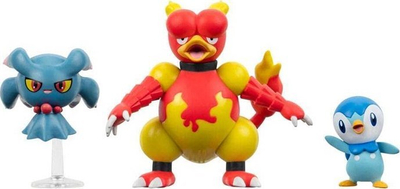 Set figurash Pokémon Jazwares Battle Figure 3 Pack, Piplup Misdreavus Magmar, 5 cm dhe 7.5 cm, shumëngjyrëshe