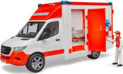 Lodër autoambulancë Bruder 02676 Mercedes Sprinter, 1:16, me figurë paramediku, e bardhë
