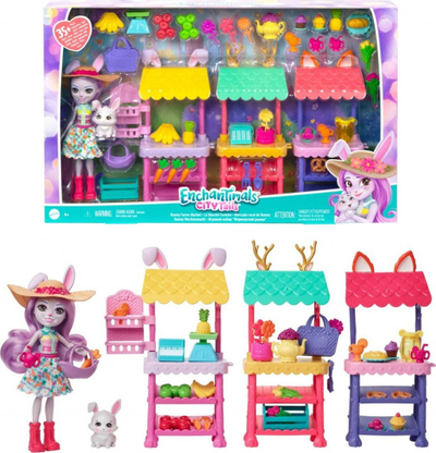 Set lodrash Mattel Enchantimals Bunny Market, kukull 15 cm, mbi 35 gjëra brenda, me shumë ngjyra