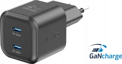 Karikues rrjeti Swissten GaN, 2x USB C, 20W Power Delivery, i zi