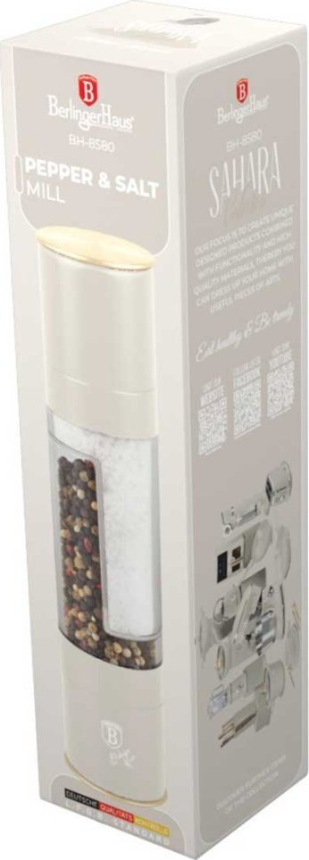 Mulli i dyfishtë për piper dhe kripë Berlinger Haus Sahara BH-8580, trup çelik inox, mekanizëm qeramik, krem mat