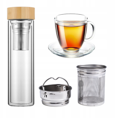 Термос стаклен Kamille KM-9020, 450 ml, со филтер за чај, проѕирен