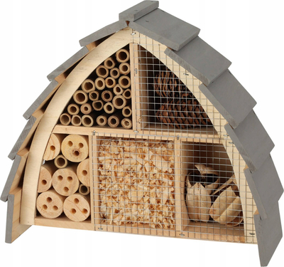 Strehë insektesh me çati ovale, dru FSC, për kopsht, gri
