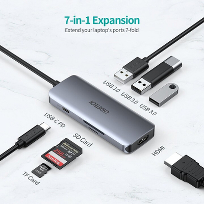Hub multifunksional Choetech HUB-M19, 7in1, 3x USB-A 3.0, HDMI 4K, PD 100W, lexues i kartës
