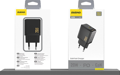 Полнач USB Dudao A26EU, 20W GaN, Power Delivery, црн