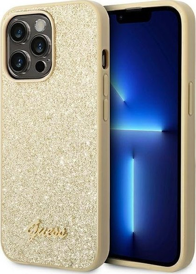Kapak telefoni Guess Glitter Flakes, për iPhone 14 Pro Max, PC TPU, ari me shkëlqim