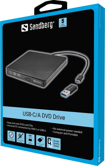 Надворешен DVD читач Sandberg USB C USB A, CD DVD, црн