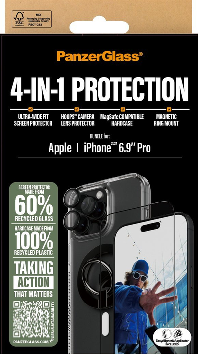 Set mbrojtës PanzerGlass 4‑in‑1 për iPhone 16 Pro Max, me MagSafe, transparent