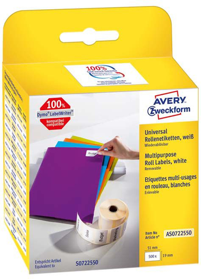 Etiketa në rol Avery Zweckform AS0722550, 19x51mm, 500 etiketa, të bardha