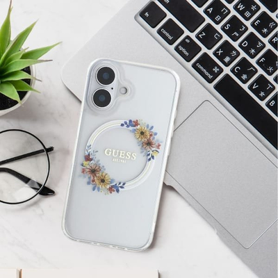 Mbulesë telefoni Guess GUHMP16SHFWFCU për iPhone 16 6.1", hardcase IML Flowers MagSafe, ngjyrë vjollcë