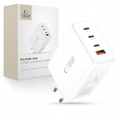Полнач за мрежа Тех-Протект NC240W GaN, 4 порти, 240W PD QC 3.0, бел
