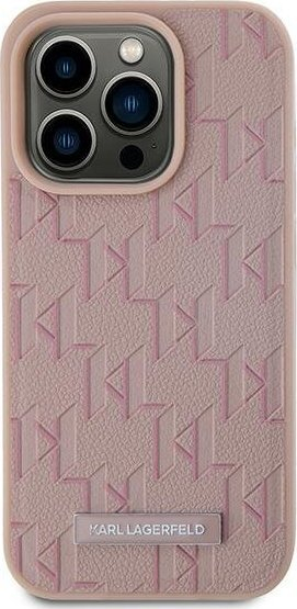 Mbrojtëse telefoni Karl Lagerfeld Monogram MagSafe për iPhone 15 Pro Max, lëkurë PU, rozë