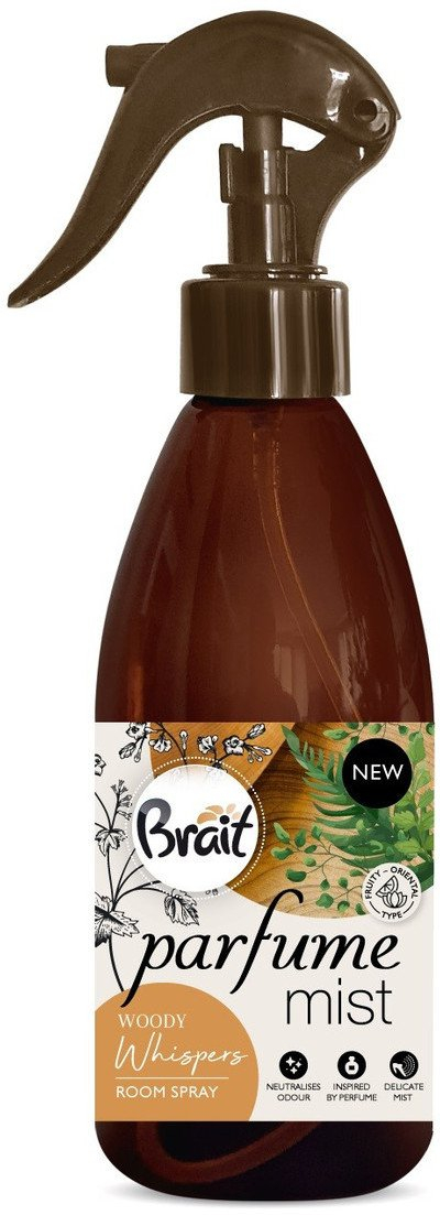 Spray aromatizues për rroba e pëlhura Brait Woody Whispers, freskues ambienti, erë druri dhe erëzash