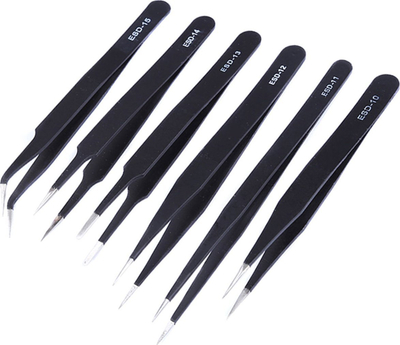 Set pincetash AG409E, 6 copë, profesionale ESD, të zeza