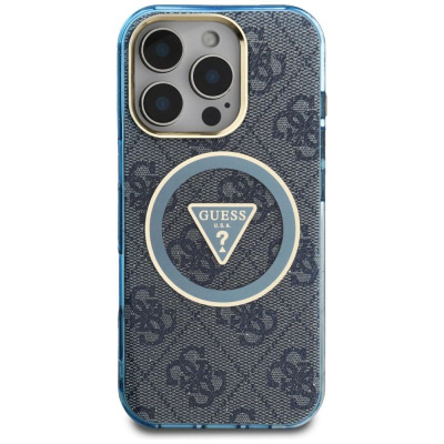 Маска за телефон Guess IML Metal Glitter 4G, MagSafe, за iPhone 16 Pro, сина
