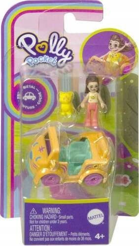Set lodër Polly Pocket Micro, kukull me makinë metalike, figurë mace, rozë