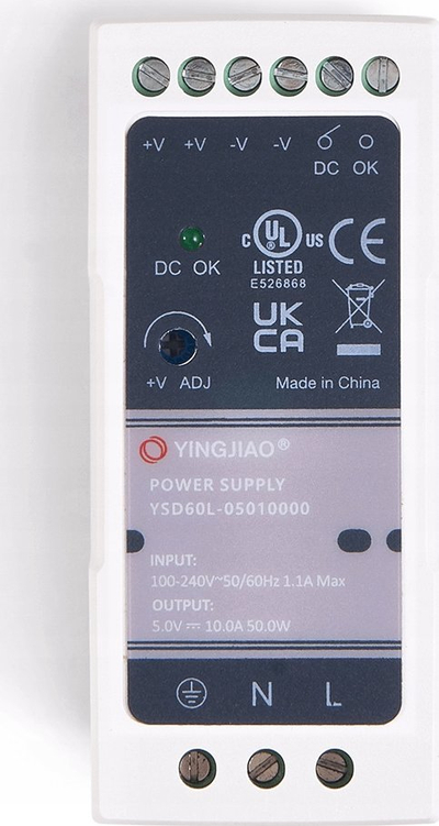Напојување за монтажа на DIN шина ЈИНГЏИАО YSD60L-05010000, 5V DC, 50W, бела боја