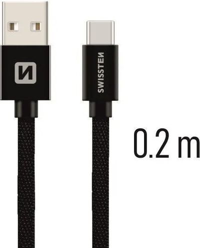 Kabllo USB Swissten Textile, USB A me USB C, 0.2m, e zezë