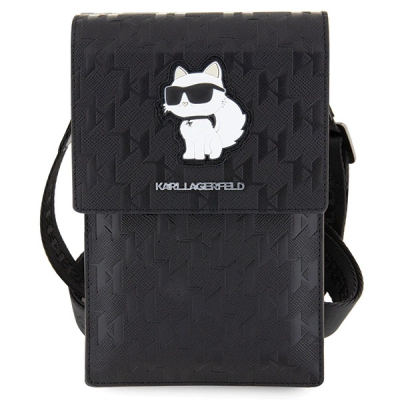 Çantë telefoni Karl Lagerfeld Saffiano Monogram Choupette, me rrip, e zezë