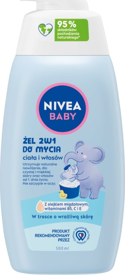 Xhel dushi dhe shampo për bebe Nivea Baby 2in1, me vaj bajameje, 500ml, i kaltër