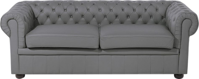Divan lëkure Beliani Chesterfield për 3 veta, stil klasik, këmbë druri, gri