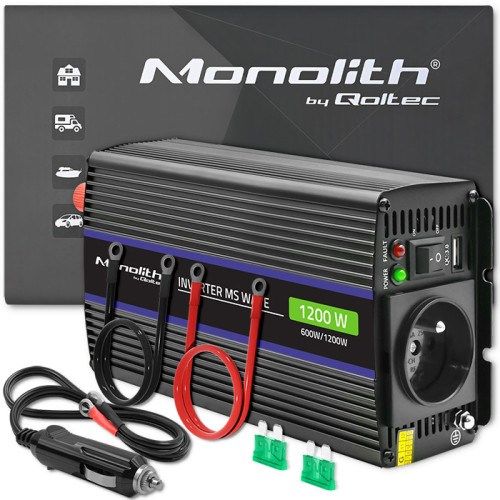 Inverter Qoltec Monolith, 600W, 12V në 230V, i zi