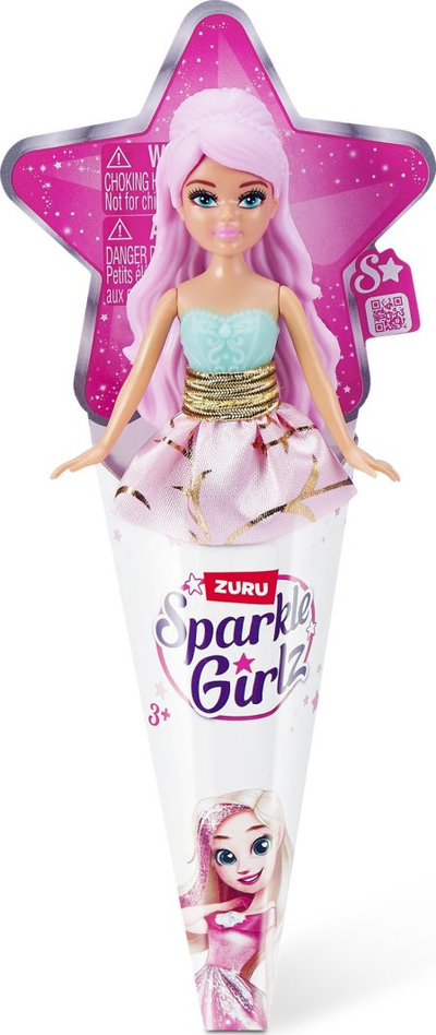 Kukull ZURU Sparkle Girlz Mini Pop, në paketim si kornet akulloreje, me flokë dhe fustan shumëngjyrësh