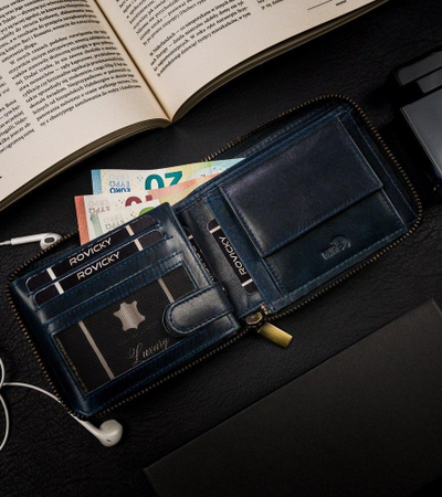 Паричник од кожа за мажи Always Wild, голема големина, со затворање со патент RFID, темно сина боја