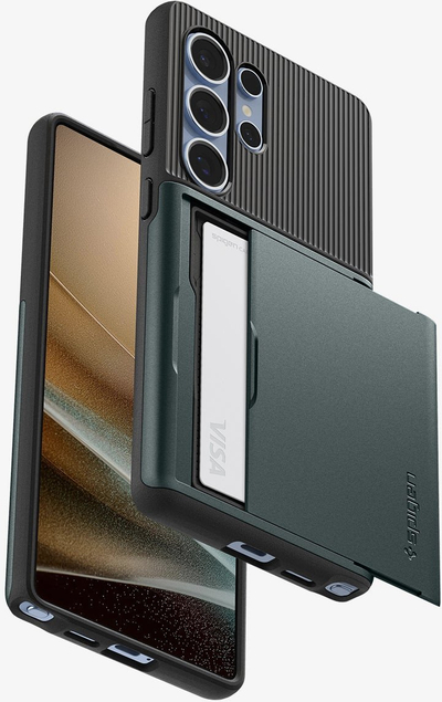 Заштитна маска за телефон Spigen Slim Armor CS, Samsung Galaxy S25 Ultra, џеб за картички, зелена Abyss