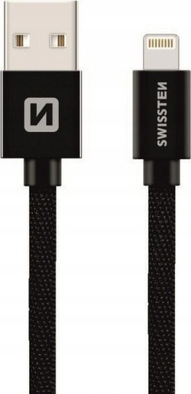 Kabllo Swissten Textile Lightning, 0.2m, USB 2.0, e zezë