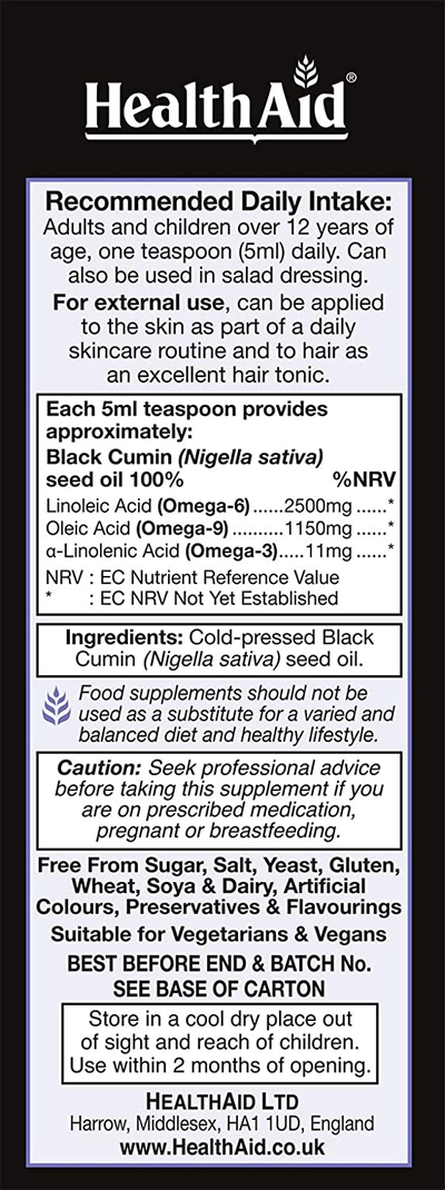 Black Seed Oil (Vaj i farës së zezë - Nigella Sativa) nga HealthAid, 150ml