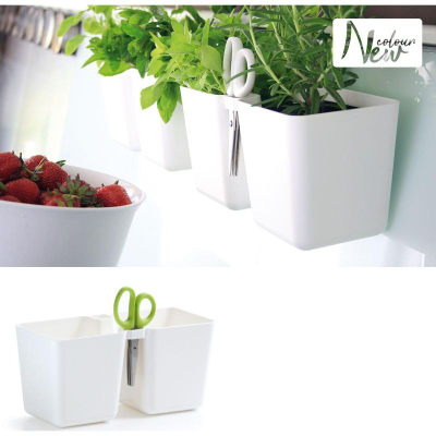 Vazo barishtesh Prosperplast Twins Cube, 2.5L, me gërshërë Herbs Cut, e bardhë