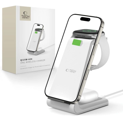Karikues wireless 3‑n‑1 Tech‑Protect Q15W‑A36, Qi 15W, i bardhë