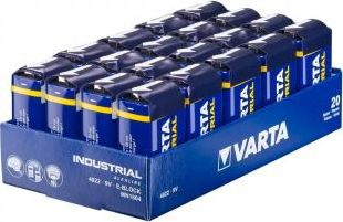 Bateri 9V Varta Industrial 6LR61, alkaline, paketim 20 copë, blu
