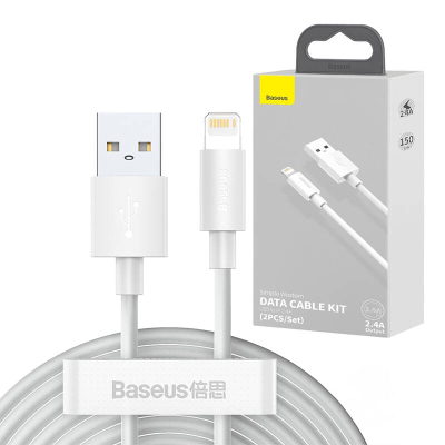 Set kabllosh të dhënash Baseus Simple Wisdom USB në Lightning 2.4A (2PCS/Set 1.5m i bardhë)