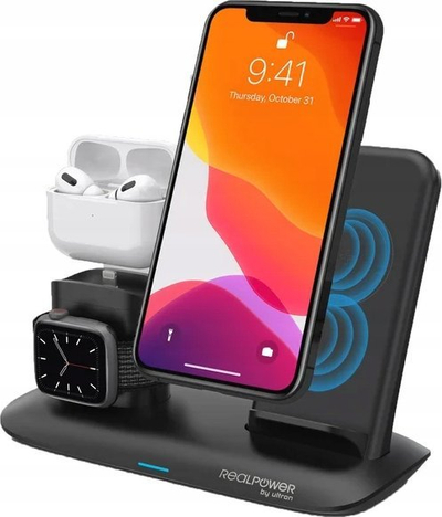 Stacion karikimi wireless RealPower ChargeAIR All Desk Pro, 3 në 1, USB, i zi