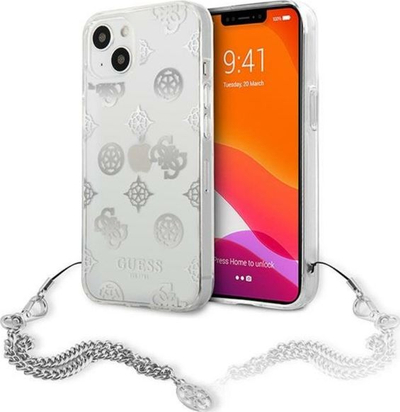 Mbulesë telefoni Guess GUHCP13SKSPESI për iPhone 13 mini, TPU, me zinxhir, ngjyrë argjendtë